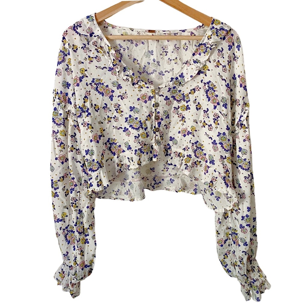 Free People Secret Garden Floral Ruffle Cropped Top Long Sleeve Blouse Lavender